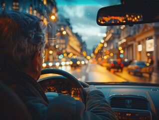 A bearded man drives a vehicle on the road.
