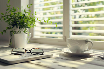 A cup of coffee, eyeglasses and a book on the windowsill.