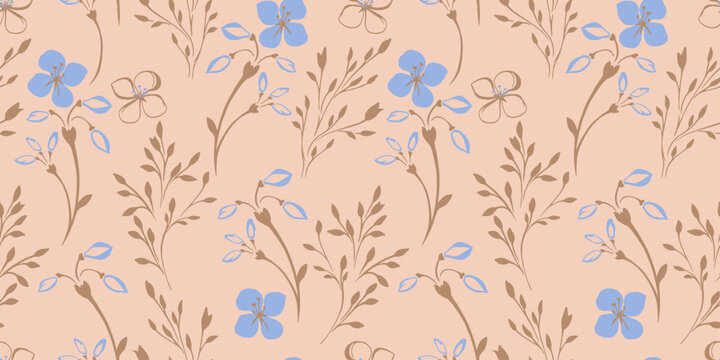 Pastel abstract minimalist wild floral stem seamless pattern on beige background. Vector hand drawn sketch. Simple art shapes branches with ditsy blue flowers, tiny leaves, buds patterned.