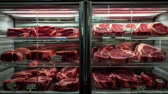 Store refrigerator full of meat steaks