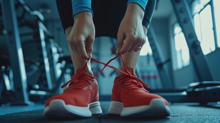 A person tying a pair of red shoes. Suitable for fashion or lifestyle themes