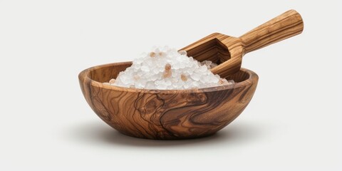 A wooden bowl filled with sea salt and a wooden salt shaker. Suitable for cooking and kitchen themes