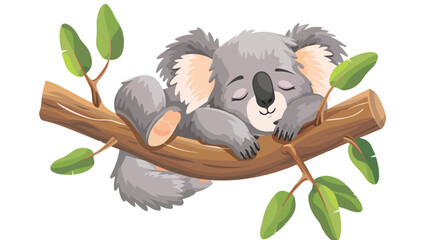 Cute Koala Sleeping in Branch of Eucalyptus Vector illustration