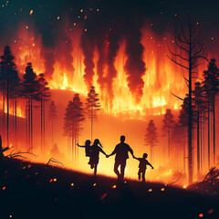 family escaping wildfire