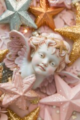Fototapeta premium Close up of an angel statue with stars in the background. Ideal for religious or celestial themes