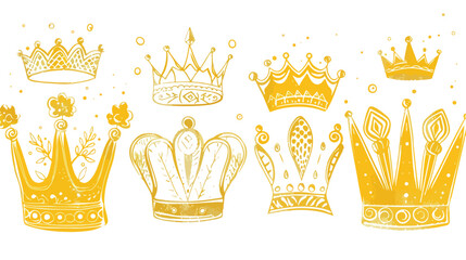Four yellow and white doodle crowns. Golden background