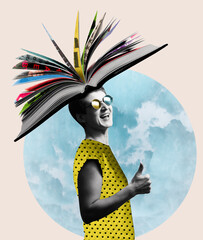 Woman with a book on her head. Funny art collage.