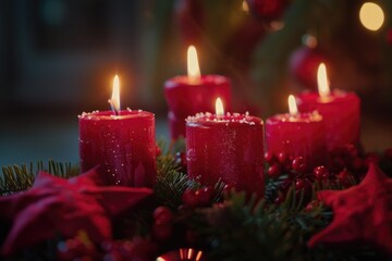A group of red candles sitting on top of a table. Perfect for home decor or holiday themes