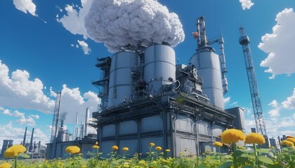 Eine Fabrik steht auf einem Feld voller gelber Blumen und stößt dicke Rauchwolken aus. Die Szene...