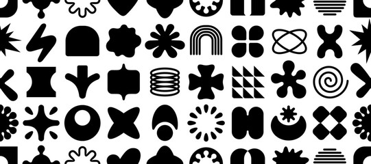 Pattern with y2k geometric shapes in retro style. Seamless simple vector black forms on white background. Trendy modern abstract forms, figures, shapes, symbols pattern. Geometric abstract background