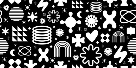 Pattern with y2k geometric shapes in retro style. Seamless simple vector white forms on black background. Trendy modern abstract forms, figures, shapes, symbols pattern. Geometric abstract background
