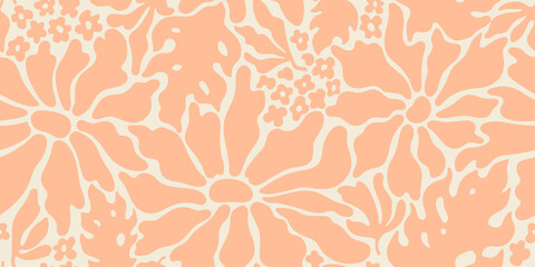 Peach fuzz pattern from pink Matisse flowers. Floral abstract seamless vector background. Retro groovy shape in peach fuzz 2024 palette. Modern cloth print. Simple summer spring wallpaper pattern