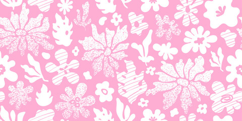 Fototapeta na wymiar Daisy summer pattern. Groovy retro floral print. Abstract sun seamless pink background. Matisse flower shapes pattern. Noise grain summer vector. Halftone gradient daisy. Organic Matisse floral doodle