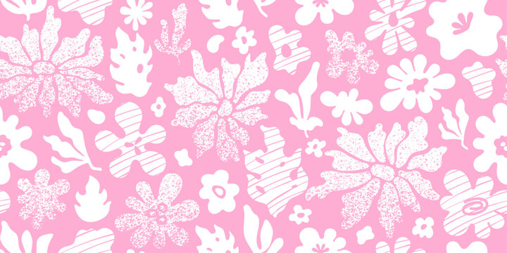 Daisy summer pattern. Groovy retro floral print. Abstract sun seamless pink background. Matisse flower shapes pattern. Noise grain summer vector. Halftone gradient daisy. Organic Matisse floral doodle