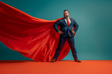 businessman wearing a suit and a red superhero cape