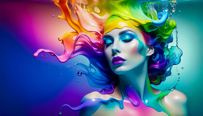 A Vibrant Inks Flowing Gracefully Woman Underwater Illuminating Ethereal Beauty.