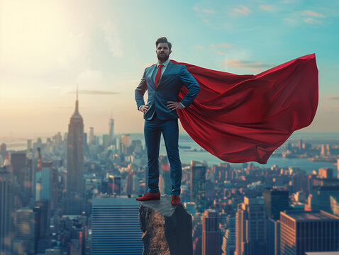 Captured against the backdrop of a sun-kissed cityscape, a man in a suit with a flowing red cape stands symbolically on a precipice, evoking the spirit of ambition and the dawn of new achievements