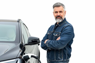 Mature man with a SUV plugged into an electric vehicle charging station isolated on white background . photo on white isolated background