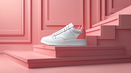 A bold 3D podium on a hot pink background showcasing a pair of trendy sneakers