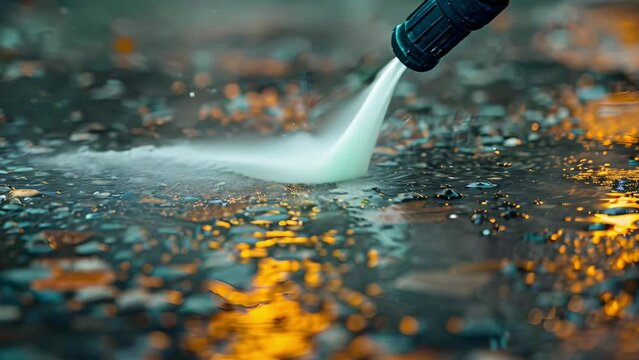 Patio Refresh: Power Washing in Twilight Glow. Concept Outdoor Cleaning, Patio Makeover, Evening Renovation, Home Improvement, Sunset Reflections