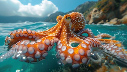 Electric blue octopus gracefully gliding through azure water