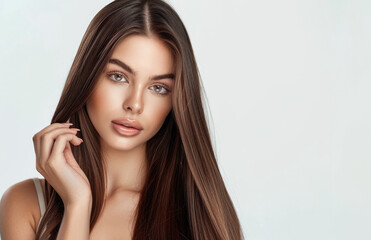 A beautiful woman with long, straight hair is touching her shiny and smooth brown hair against the white background