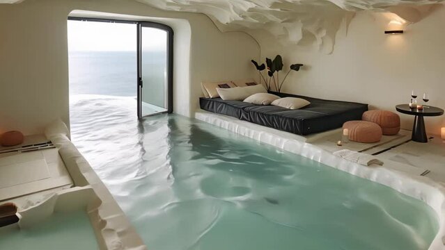 Tranquil Retreat: Minimalist Nook with Serene Pool & Ocean View. Concept Minimalist Décor, Tranquil Water Features, Coastal Vibes, Relaxing Retreat, Zen Garden