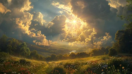 Gartenposter Sun's rays peeking through fluffy clouds, painting a picturesque scene over rolling hills © cheena