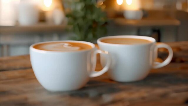 Minimalist Melody: Two Cups Unite Souls in a Cozy Cafe. Concept Melodic serenity, Romantic ambiance, Cozy cafe, Intimate connection