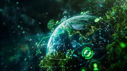  sustainability in the business world through an AI-generated image capturing a lush green planet with interconnected business icons symbolizing environmental consciousness and responsible practices. 