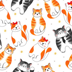 Seamless pattern with many different  red, grey cats on white background. Vector illustration for children.
