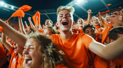 Fototapeta na wymiar Dutch Football or soccer fans cheer and support their team on tribune in football stadium