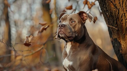 Pitbull dog standing near a tree