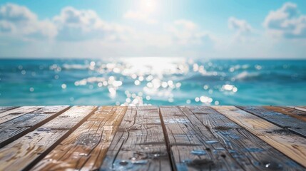 Blurry sea background adds summer vibes to wooden table decor