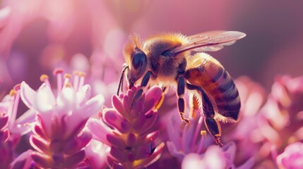 A close-up of a bee pollinating flowers in a garden - obrazy, fototapety, plakaty