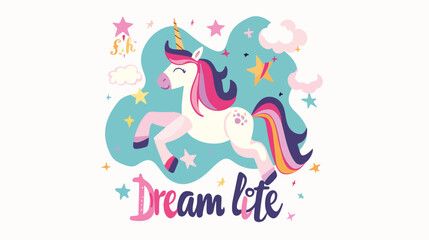 Cute vector poster with cartoon magic unicorn charact