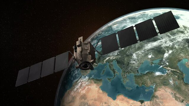 Communication Satellite Flying Over Planet Earth. Majestic Scene. Technology And Space Related 3D Animation.