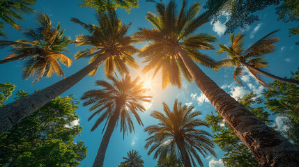 Sunshine filtering through the leaves of tall palm trees, creating dappled patterns on the ground