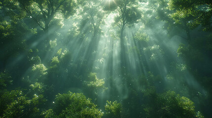 Sunshine filtering through the leaves of a dense forest canopy, dappling the forest floor - obrazy, fototapety, plakaty