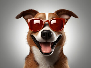 Naklejka premium 3d Portrait of a funny dog full face logo in sunglasses showing a gesture, isolated on a white background just face logo