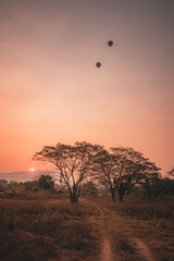 Multiple hot air balloons floating in the sky at sunset