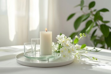 Fototapeta na wymiar mockup table, main focus clear plate, flower with candle decoration . photo on white isolated background . photo on white isolated background