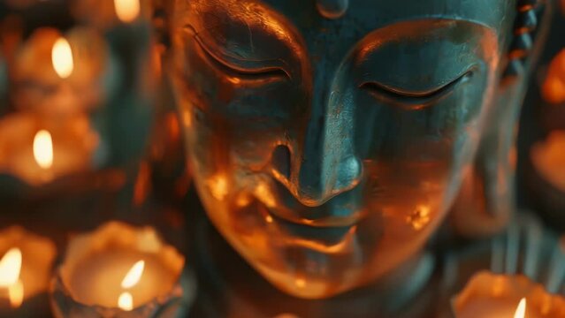 A serene Buddha statue surrounded by flickering candles, suitable for meditation or relaxation concepts.
