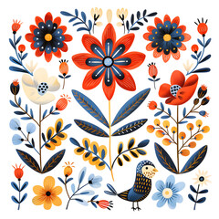 Scandinavian folk art floral and animal elements isolated on white background