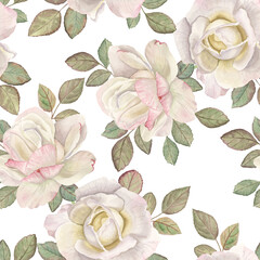 White roses watercolor seamless pattern isolated on white Spring garden  romantic floral ornament Rose blossom botanical illustration Blooming rose branch