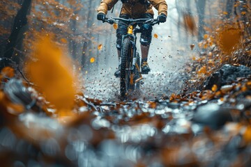 Man riding mountain bike through forest. Generative AI