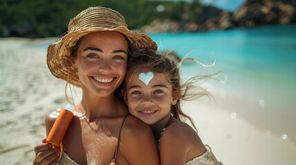 Fototapeta premium happy mother in straw hat hugging her child on tropical beach with white sand. Sunscreen protection with spf cream concept.