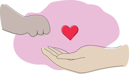 Dog paw and human hand with heart. Dog adoption logo template in pink background