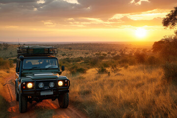 Fototapeta premium Jeep Driving Down Dirt Road at Sunset. Generative AI