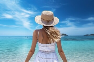 Fototapeta na wymiar Woman in White Bikini on Beach. Generative AI